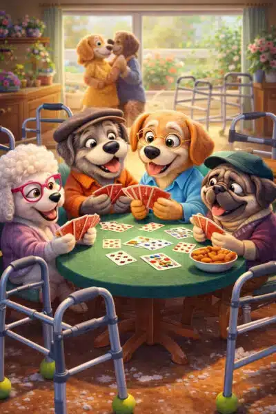 An illustrated scene of anthropomorphic dogs gathered around a green table playing cards in a cozy, sunlit room. The dogs appear elderly, wearing glasses, hats, and sweaters, with walkers placed around the table. Bowls of snacks sit nearby, and in the background, two other dogs hug near a window overlooking a garden, creating a warm, cheerful atmosphere.
