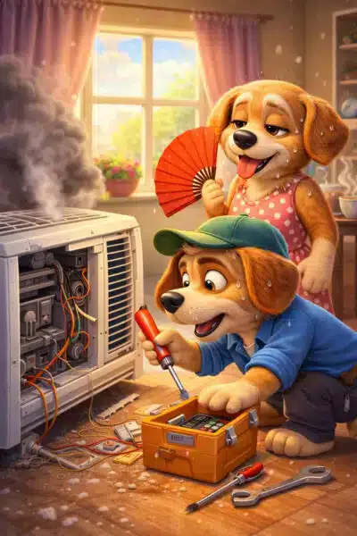 An illustrated scene of two anthropomorphic dogs indoors fixing a smoking air-conditioning unit. One dog in a cap kneels on the floor using a screwdriver and toolbox, while another dog in a dress fans the smoky air. Tools are scattered on the floor, and sunlight streams through a window behind them.