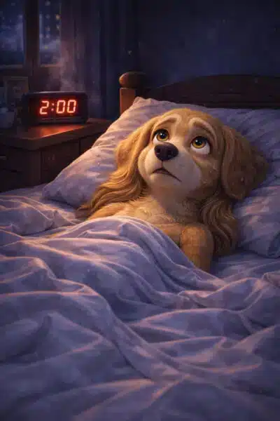 An illustrated golden puppy lies awake in bed under blue blankets, looking up with a worried or thoughtful expression. A bedside table with a digital clock reading 2:00 glows softly in the dark, suggesting a quiet nighttime bedroom scene.