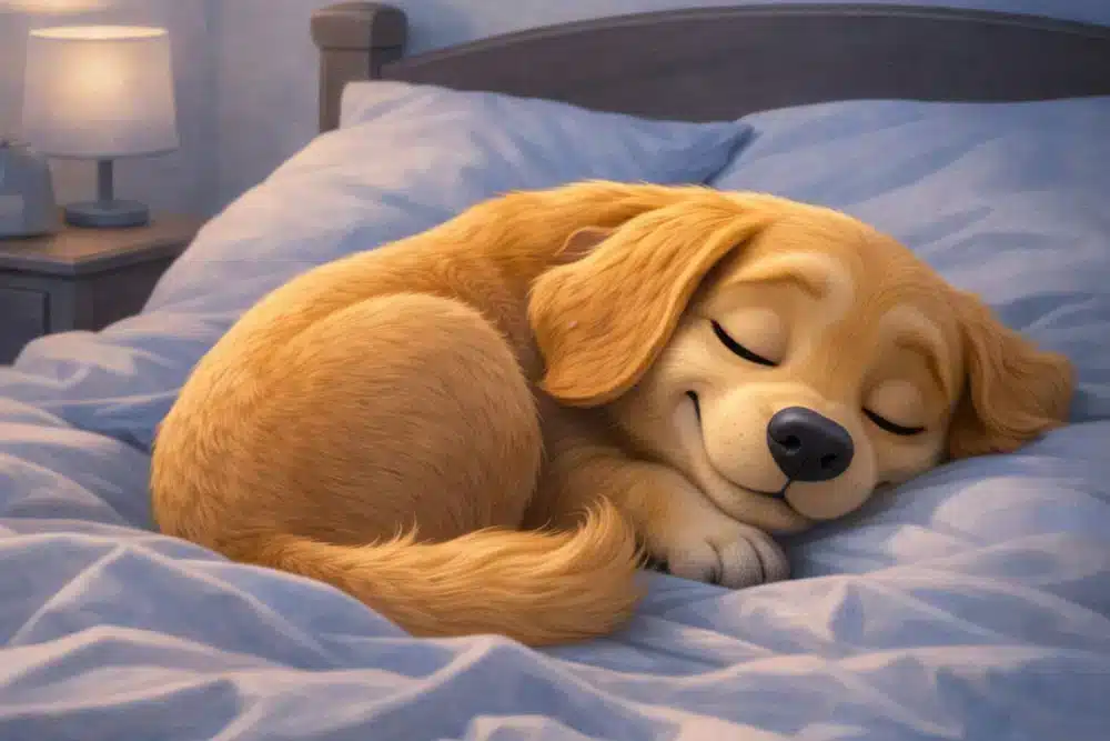 An illustrated golden-brown puppy sleeps curled up on a neatly made bed with blue bedding, eyes closed and a gentle smile on its face. A bedside table with a lamp is visible in the softly lit bedroom background.
