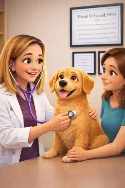 An illustrated veterinarian listens to a golden dog’s heartbeat with a stethoscope while the dog sits happily on an exam table. A woman stands beside the dog with a reassuring hand on its back. Framed certificates hang on the wall, indicating a veterinary clinic setting.