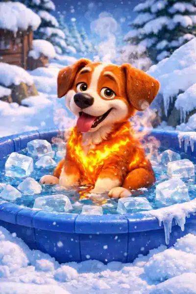 An illustrated puppy sits happily in a blue tub filled with ice cubes outdoors in a snowy landscape. Steam and glowing warmth rise from the puppy’s fur, creating a playful contrast between the icy bath and the dog’s cheerful, cozy expression as snow falls around it.