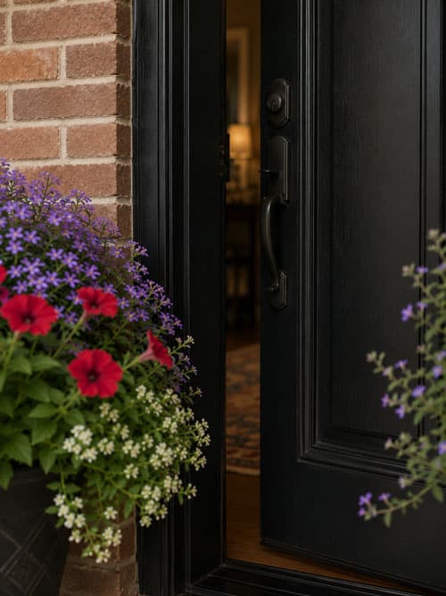 Partially open black front door with matte black handle, framed by brick exterior and colorful flower planters.
